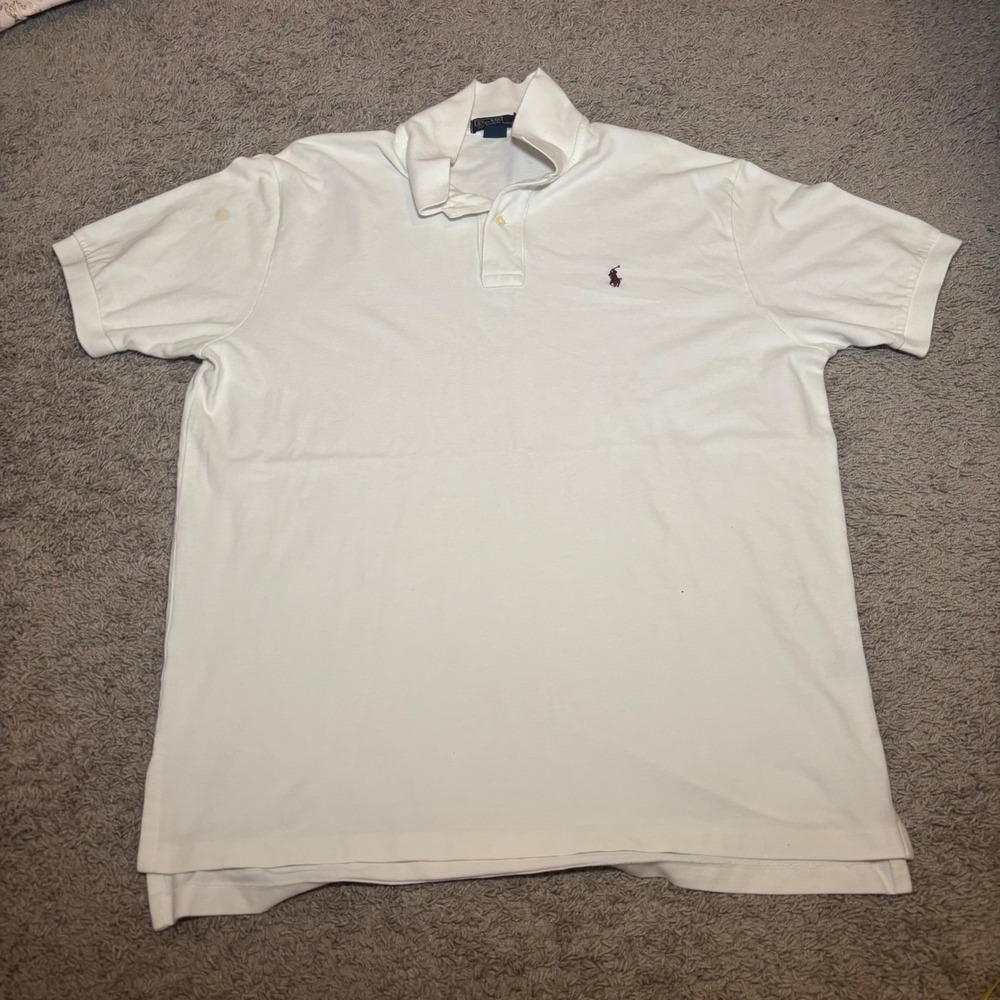 Polo Ralph Lauren Mens XL White Short Sleeve Pique Polo Shirt Burgundy Pony Logo